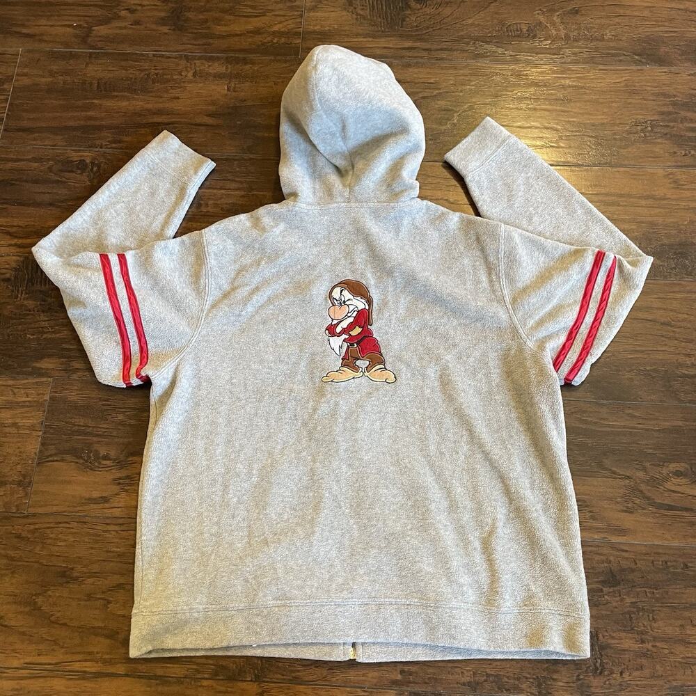 Wonderful World of Disney Grumpy Fleece Sweatshirt Large Gray Red Zip Hooded